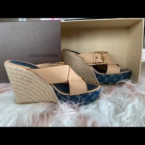 LV Blue Denim Monogram Denim Espadrille Wedges.